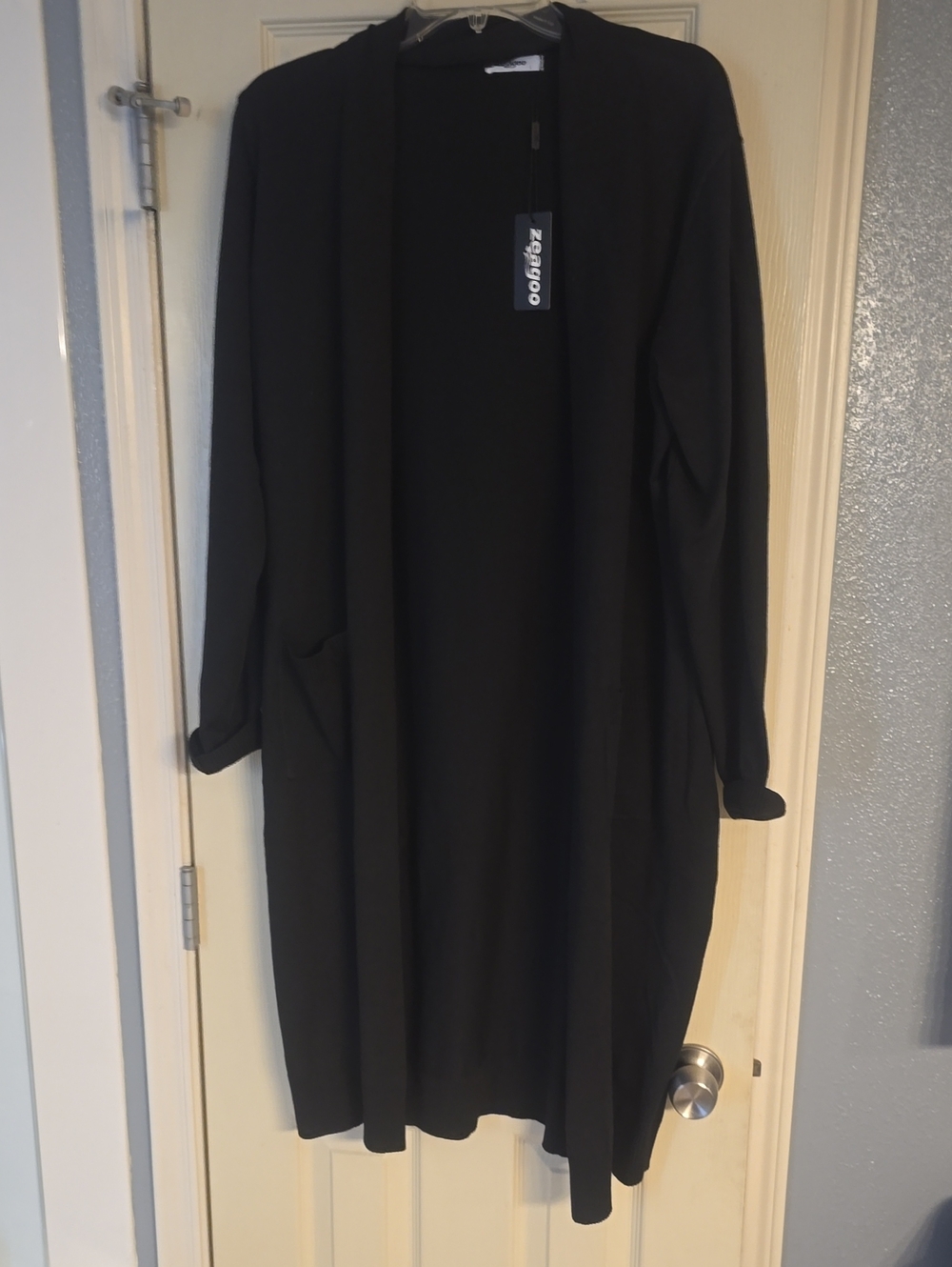 zeagoo Black Open-Front Longline Cardigan with Pockets